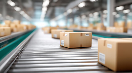 Organized warehouse with packages on belts, industrial efficiency in storage systems, supply chain dynamics in product distribution, manufacturing innovation in bright facilities,