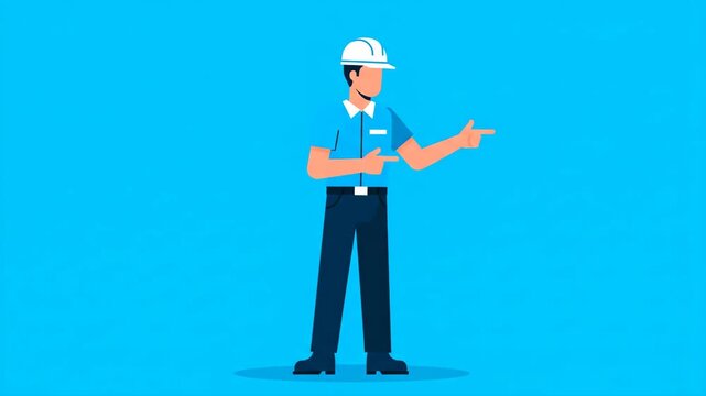 Construction Worker in Hard Hat Directing and Gesturing on Blue Background.