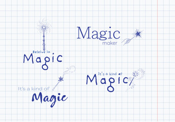 Set of blue magic-themed vector inscriptions with stars, wands, and sparkles drawn on graph paper