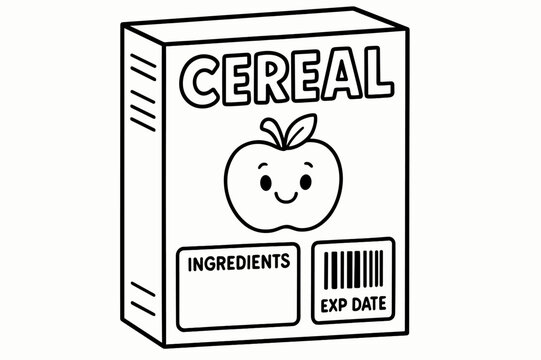 Coloring Cereal Box. Food Packaging Labels children?s coloring book illustration, outlined drawing, a simple cereal box with big label areas for ingredients,
