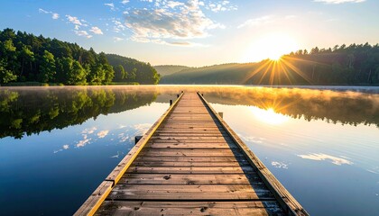 Wooden Pier Leads Across Calm Lake Towards Sunrise Over Forested Hills With Morning Mist Rising From Water And Sun Rays Shining Through Trees