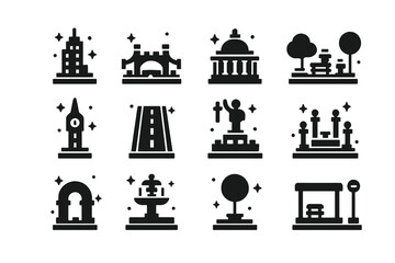 Obraz premium Miniature LEGO Icons. Miniature LEGO Architecture. Solid icons set of Miniature LEGO Architecture: skyscraper, bridge, museum, park, clock tower, road, statue,