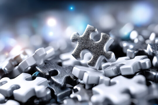 Puzzle piece stands out among silver and gray puzzle pieces scattered across a soft surface