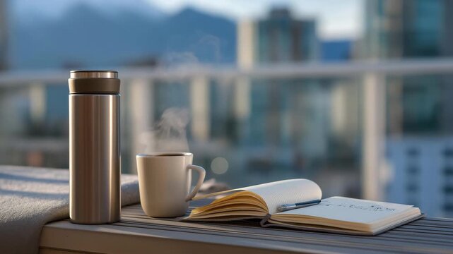 Inspired by the resurrection of old buildings, a writer takes a coffee break on city streets, sipping from a metal thermos, its cap steaming, on a rooftop ledge, its concrete rough. A notebook, its