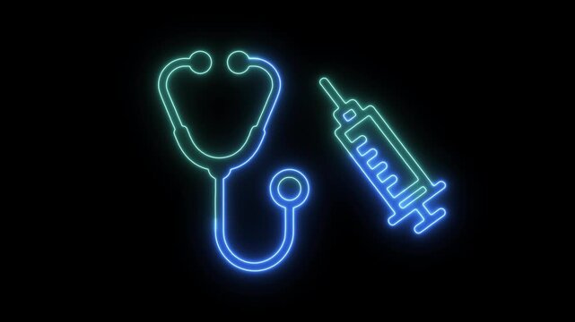 Medical Neon Icons A glowing blue and green neon-style stethoscope and syringe icon are on a black background representing medical care.