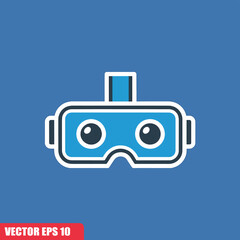 A cartoon-style blue VR headset with circular lenses, a head strap, and white and dark blue trim, presented in a flat, graphic design.