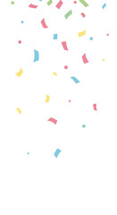 A scattering of pastel colored confetti, including pink, blue, yellow, and green paper pieces, falling from above. Celebration concept.