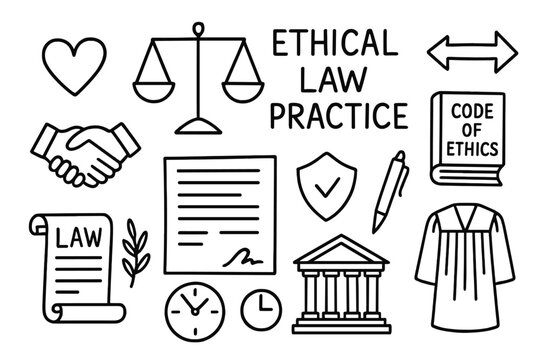 Ethical Law Icons. Ethical law practice. Hand-drawn doodle illustration ethical law practice justice scales, heart, handshake, code of ethics book, document,