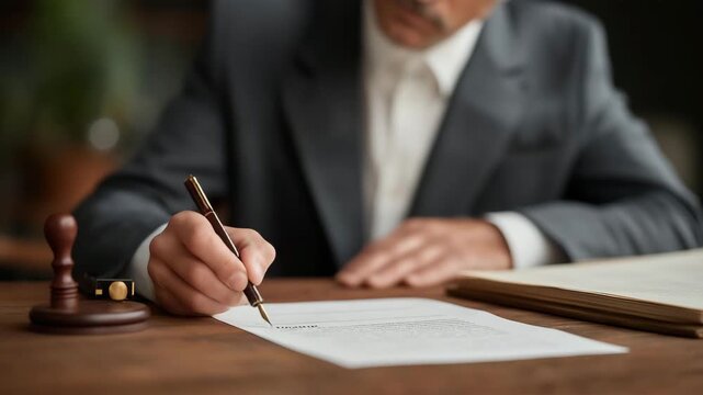 Lawyer&rsquo;s desk with open certified paperwork, fountain pen, and stamp, emotion of focus and authority visible, symbolizing professionalism, trustworthy legal counsel, and verified contractual