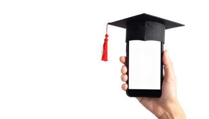 Education meets technology: A hand holding a smartphone topped with a graduation cap