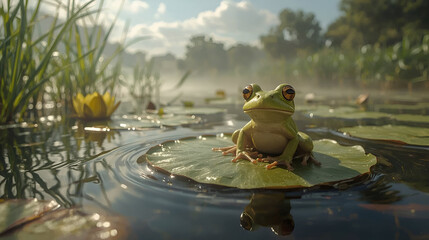 A small frog with vibrant green skin and bright red eyes sitting on a large lily pad surrounded by lush aquatic plants, lily pads landscape background,
