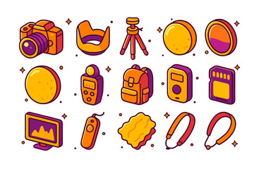 Golden Hour Icons. golden hour photography. Colorful isometric vector icons set of golden hour photography: dslr camera, lens hood, tripod, nd filter, golden