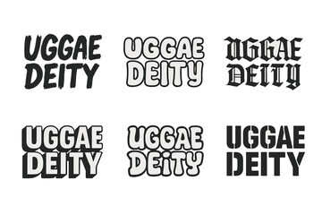 Diverse Lettering Styles. Uggae Deity. Set lettering. harmonious lettering variations of the same emblematic concept, each with different artistic