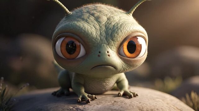 Expressive Baby Alien Creature Reacts with Surprise and a Grumpy Frown
