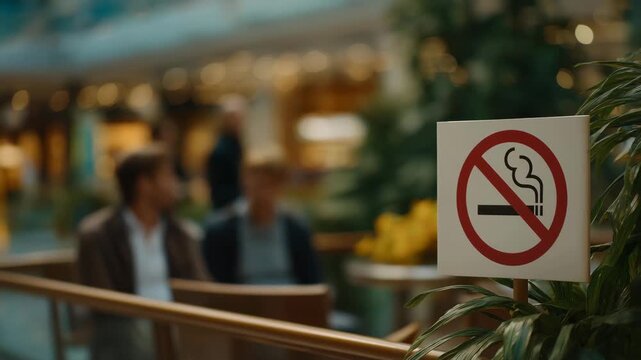 No-smoking signage in public area with people observing rules, emotion of acceptance and compliance visible, representing health regulations, public safety awareness, and social adherence to bans.