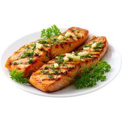 Grilled salmon fillets with herbs and lemon slice isolated on transparent background, representing healthy gourmet cuisine.