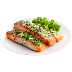 Plate with grilled salmon and greens isolated on transparent background, symbolizing healthy diet and nutrition.