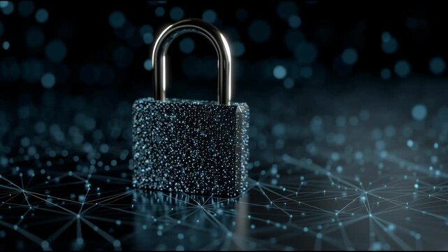 Digital Fortress: A close-up view of a secure padlock, symbolizing robust protection and data safety, sits atop a network of interconnected points, all bathed in the blue glow of cybersecurity.
