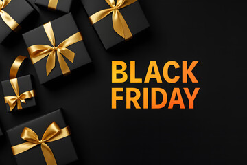 Elegant black gift boxes neatly arranged on dark background, ideal for luxury Black Friday sale banners, ads, and promotional designs