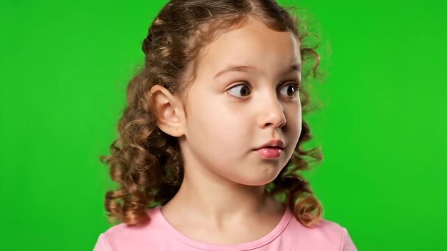 Expressive Young Girl with Big Eyes Shows Surprise and Wonder on a Green Screen