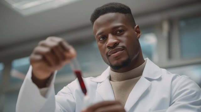 Researcher in futuristic laboratory observing blood sample anomalies through AR projections, with expressions of concern and focus, symbolizing precision diagnostics, advanced technology, and