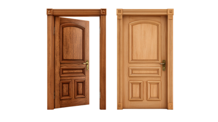 Two ornate wooden doors one open one closed isolated on transparent background