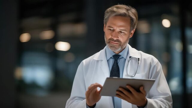 Robotic doctor reviewing digital medical charts on holographic displays, emotion of determination and responsibility shown, symbolizing data-driven treatment, electronic health record integration,
