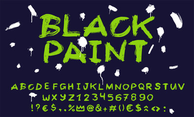 Hand drawn uppercase alphabet with grunge dry brush texture. Distressed graffiti punk style bold letters, numbers. Cute cartoon ABC font with rough strokes, blackboard, artistic typography design.