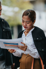 A woman in smart attire reads a document outdoors, possibly during a business meeting or...