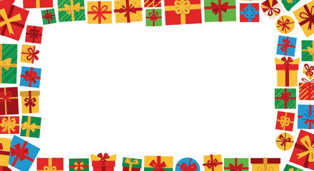 Festive frame of colorful gifts with ribbons, perfect for holiday greetings and cheerful announcements, originally created as scalable vector graphics