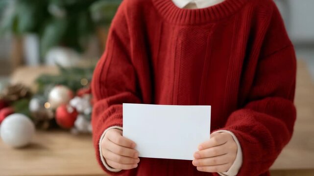 Small hand of a child presenting white paper on cozy Christmas table with ornaments nearby, emotion of tenderness and expectation visible, representing Santa letter idea, festive print template,