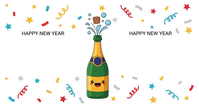 Celebrate New Year's Eve with cartoon champagne bottle popping open surrounded by confetti and streamers, perfect for party invites and joyful greetings