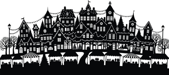 Obraz premium Christmas village silhouette vector—festive market stalls, decorated houses, winter trees, holiday celebration scene for seasonal and cultural themes