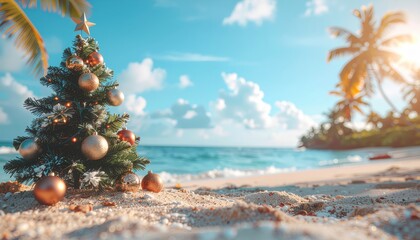 Festive christmas tree by the beach scenic tropical location holiday decor relaxing environment vibrant viewpoint
