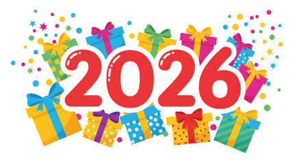Festive 2026 New Year celebration design with colorful gift boxes and confetti, perfect for holiday greetings and cheerful event announcements