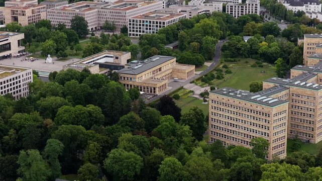 Aerial perspective of Campus Westend at Goethe University in Frankfurt am Main, Germany, showcasing the IG Farben Building and green spaces