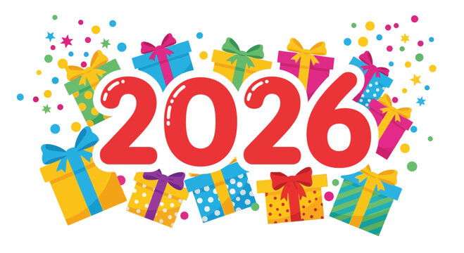 Festive 2026 New Year celebration design with colorful gift boxes and confetti, perfect for holiday greetings and cheerful event announcements