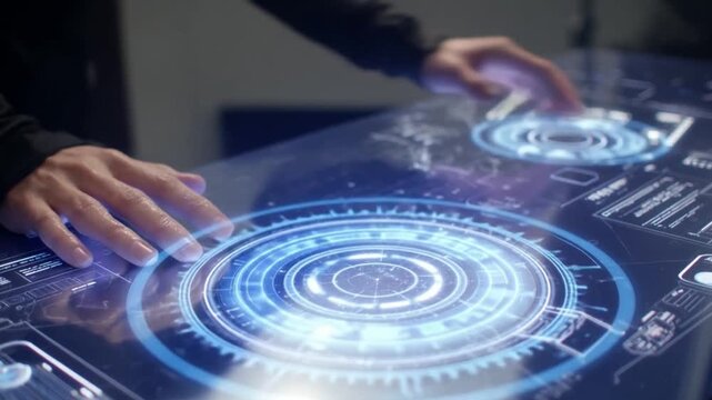 Technological Interface: A person interacts with a futuristic, holographic interface, showcasing a fusion of innovation and human interaction. 