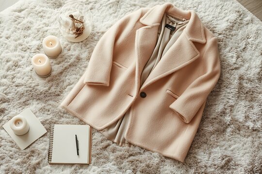 A pastel peach long coat displayed open on a neutral-toned carpet with subtle props like notebooks and candles around it