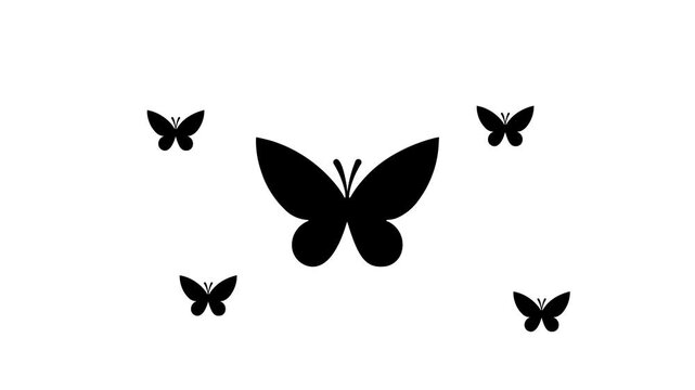 Zoom in and out animation the butterfly symbol. Large black symbol in the center and four small symbols around. Seamless looped 4k animation on white background