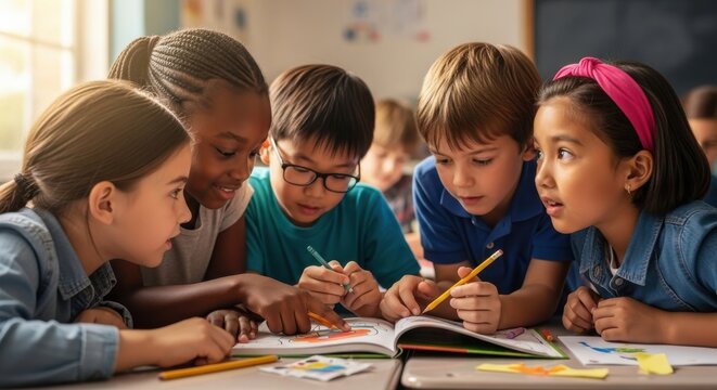 Diverse group of elementary school children collaborating on a drawing project in a classroom, fostering teamwork and creativity.
