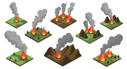 Fototapeta premium Set of isometric wildfire scenes with smoke and flames on landscapes