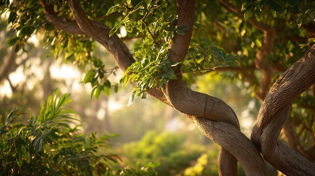 synchronized. Two tropical trees with intertwined branches sway gently in the breeze. safety posters, maintenance manuals, designed for industrial assembly lines and welding operations.