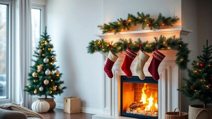 Cozy fireplace decorated beautifully for Christmas time