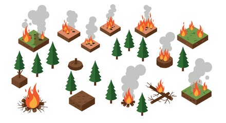 Fototapeta premium Isometric forest fire elements with trees and fires in various stages