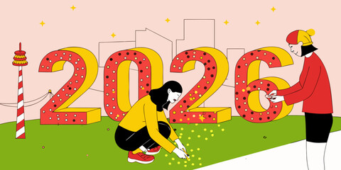 Naklejka premium Two women decorating the large illuminated numbers of 2026 with small lights and stars in a stylized city setting