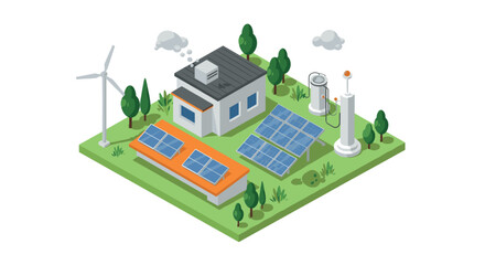 Ecofriendly energy house with solar panels and wind turbine in isometric style