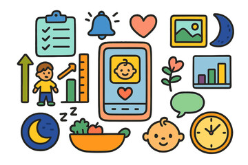 Colorful Parenting App Icons. Parenting apps. Colorful Hand-drawn doodle Children illustration Parenting apps smartphone, growth chart, checklist, reminder