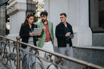 A group of three people walk along an urban street, examining a tablet and a clipboard while talking. They wear smart casual outfits, conveying collaboration and modern teamwork in a city setting.