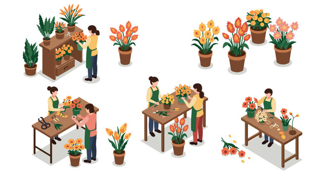 Isometric flower shop scene with florists arranging colorful bouquets and plants